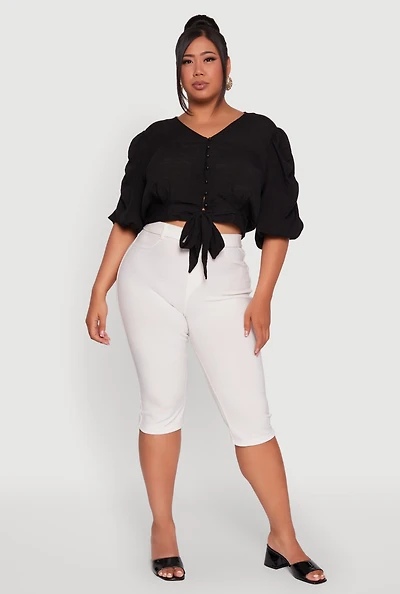 Womens Plus V Neck Puff Sleeve Cropped Tie Front Top, Black,