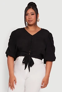 Womens Plus V Neck Puff Sleeve Cropped Tie Front Top, Black,