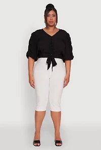 Womens Plus V Neck Puff Sleeve Cropped Tie Front Top, Black,