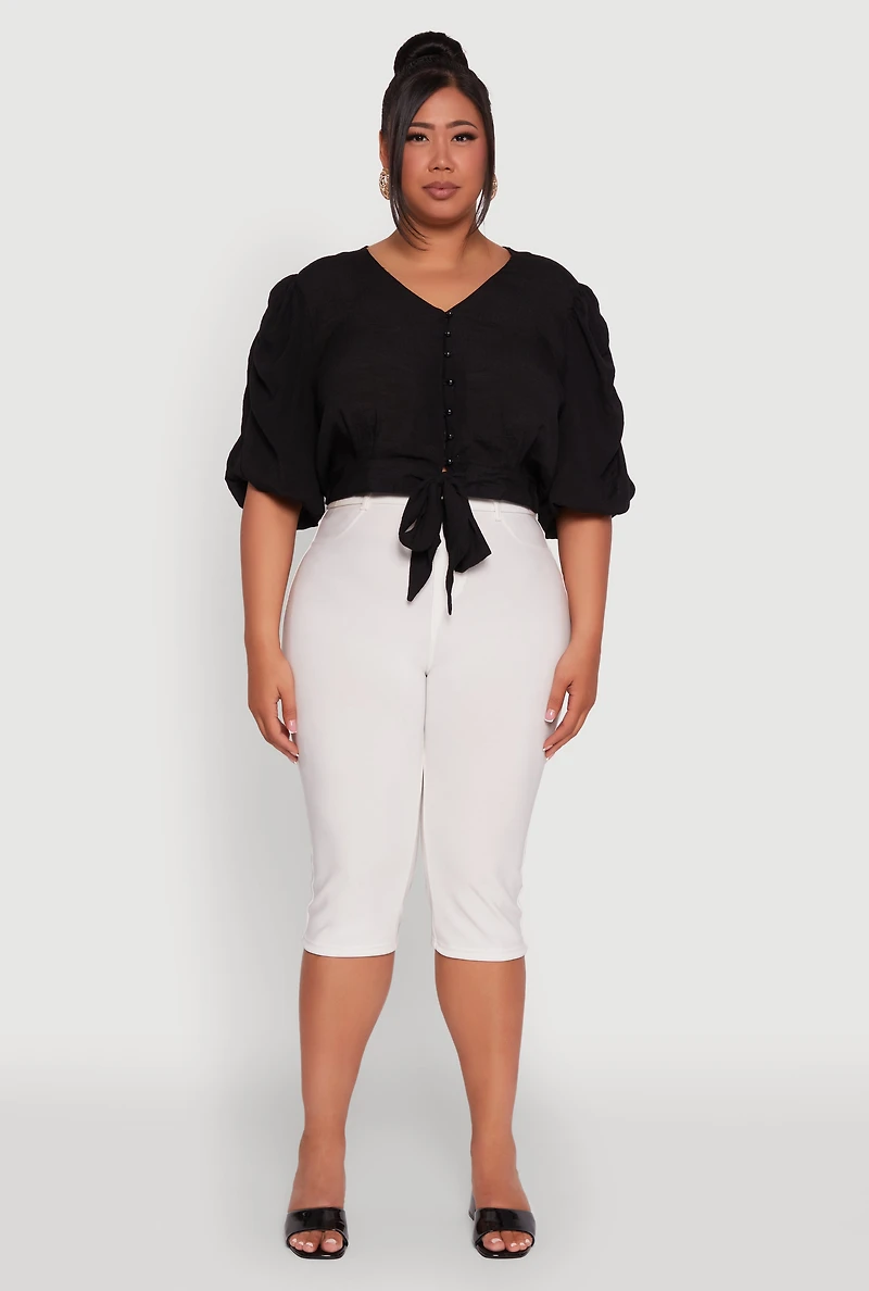 Womens Plus Size V Neck Puff Sleeve Cropped Tie Front Top, Black, Size 1X