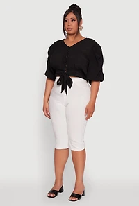 Womens Plus V Neck Puff Sleeve Cropped Tie Front Top, Black,