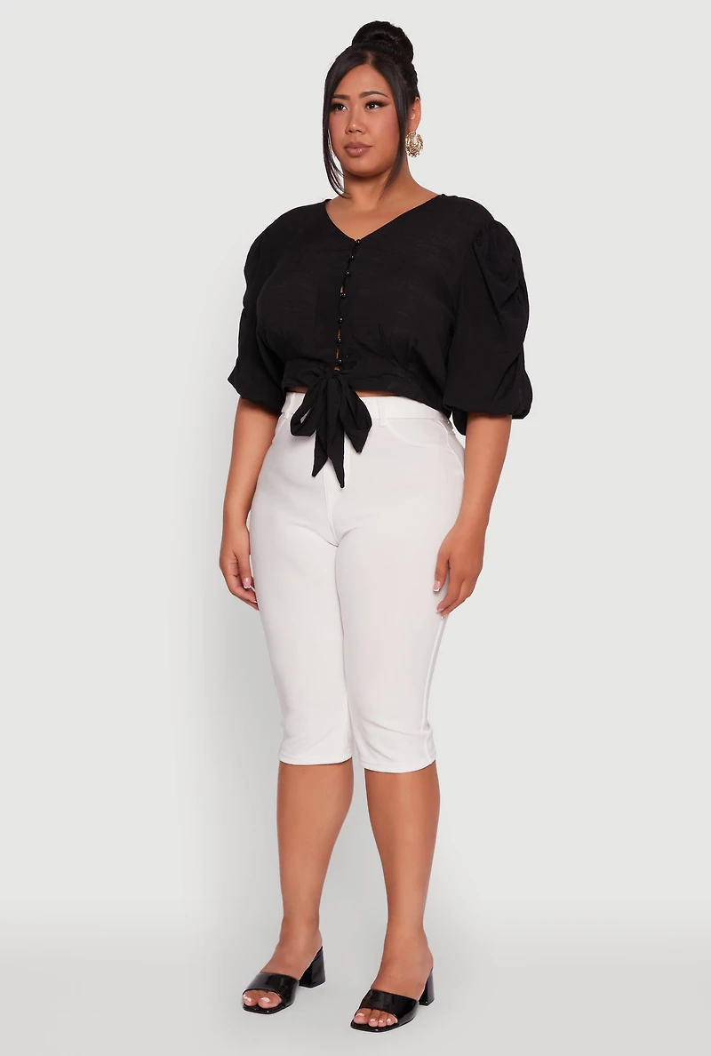 Womens Plus Size V Neck Puff Sleeve Cropped Tie Front Top, Black, Size 3X