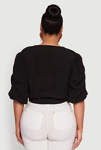 Womens Plus V Neck Puff Sleeve Cropped Tie Front Top, Black,