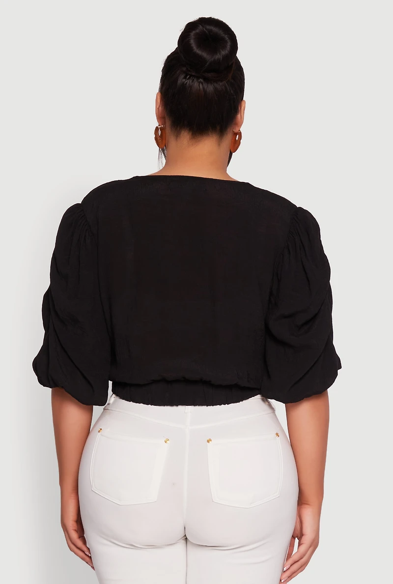 Womens Plus Size V Neck Puff Sleeve Cropped Tie Front Top, Black, Size 1X