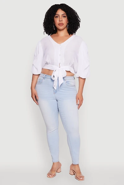 Womens Plus Size V Neck Puff Sleeve Cropped Tie Front Top, White, Size 3X