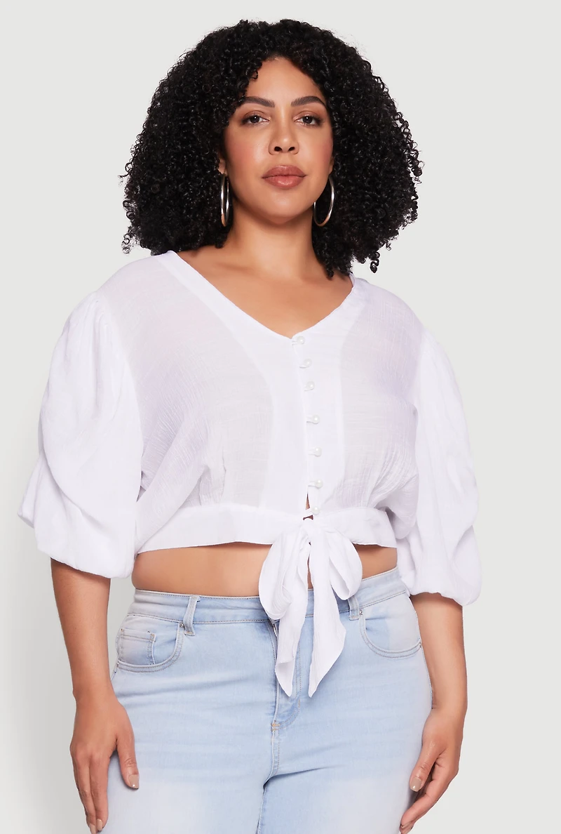 Womens Plus Size V Neck Puff Sleeve Cropped Tie Front Top, White, Size 3X