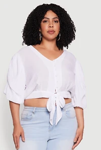 Womens Plus Size V Neck Puff Sleeve Cropped Tie Front Top, White, Size 3X