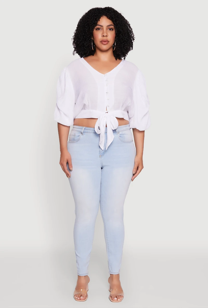 Womens Plus Size V Neck Puff Sleeve Cropped Tie Front Top, White, Size 3X