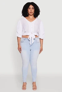 Womens Plus Size V Neck Puff Sleeve Cropped Tie Front Top, White, Size 3X
