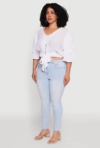 Womens Plus Size V Neck Puff Sleeve Cropped Tie Front Top, White, Size 3X