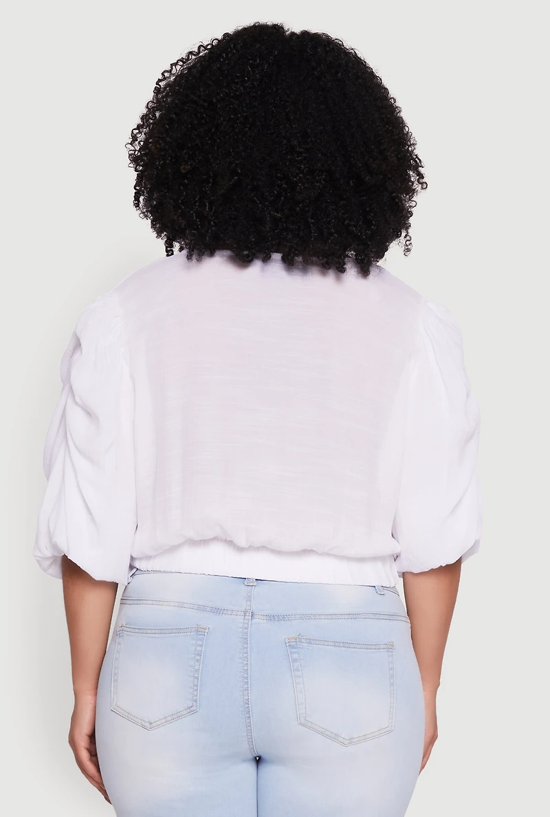 Plus V Neck Puff Sleeve Cropped Tie Front Top