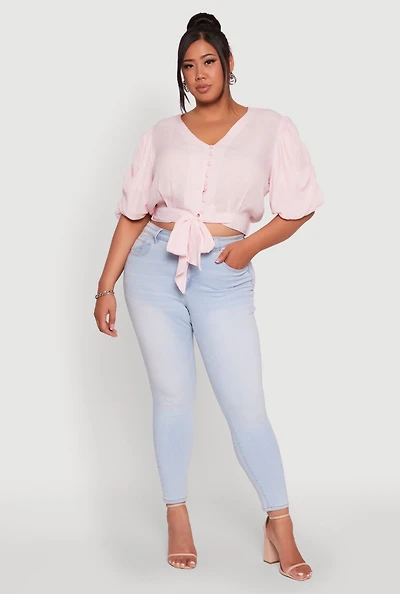 Womens Plus Size V Neck Puff Sleeve Cropped Tie Front Top, Pink, Size 1X
