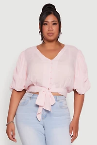 Womens Plus Size V Neck Puff Sleeve Cropped Tie Front Top, Pink, Size 1X