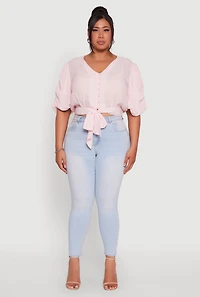 Womens Plus Size V Neck Puff Sleeve Cropped Tie Front Top, Pink, Size 1X