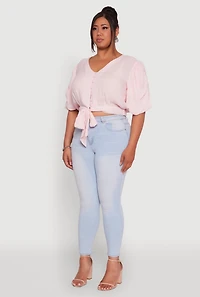 Womens Plus Size V Neck Puff Sleeve Cropped Tie Front Top, Pink, Size 1X