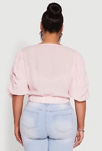 Womens Plus Size V Neck Puff Sleeve Cropped Tie Front Top, Pink, Size 1X