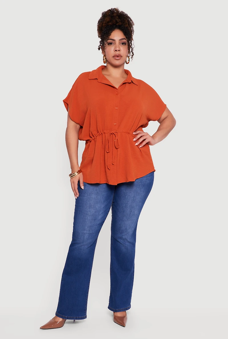 Plus Drawstring Waist Button Front Blouse