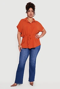 Plus Drawstring Waist Button Front Blouse