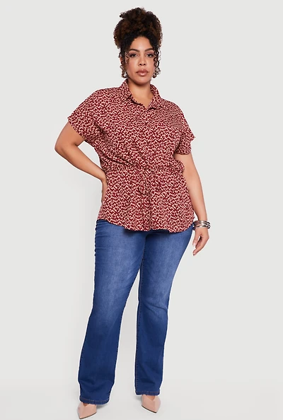 Plus Patterned Cinched Waist Button Front Shirt