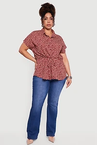 Plus Patterned Cinched Waist Button Front Shirt