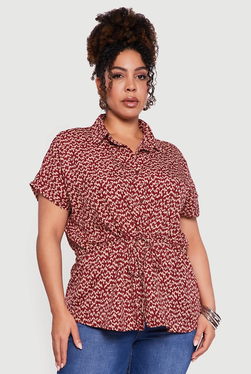 Plus Patterned Cinched Waist Button Front Shirt