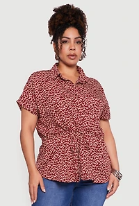 Plus Patterned Cinched Waist Button Front Shirt