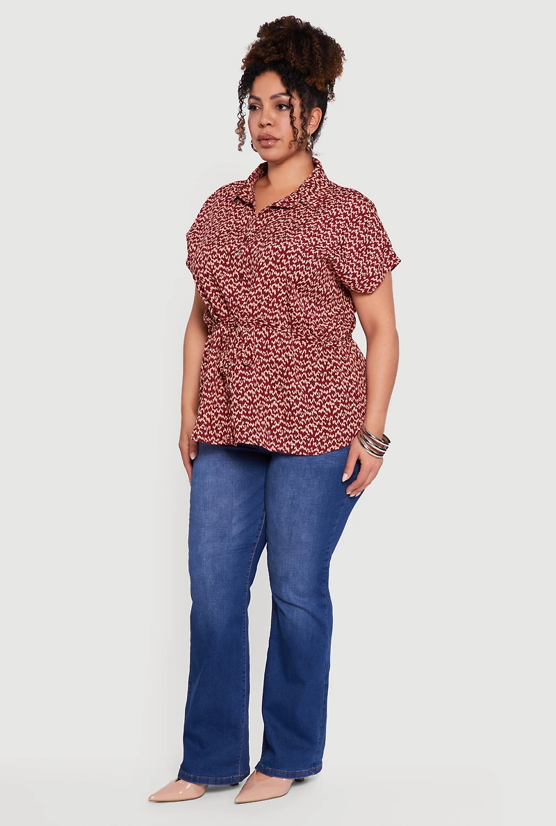 Plus Patterned Cinched Waist Button Front Shirt