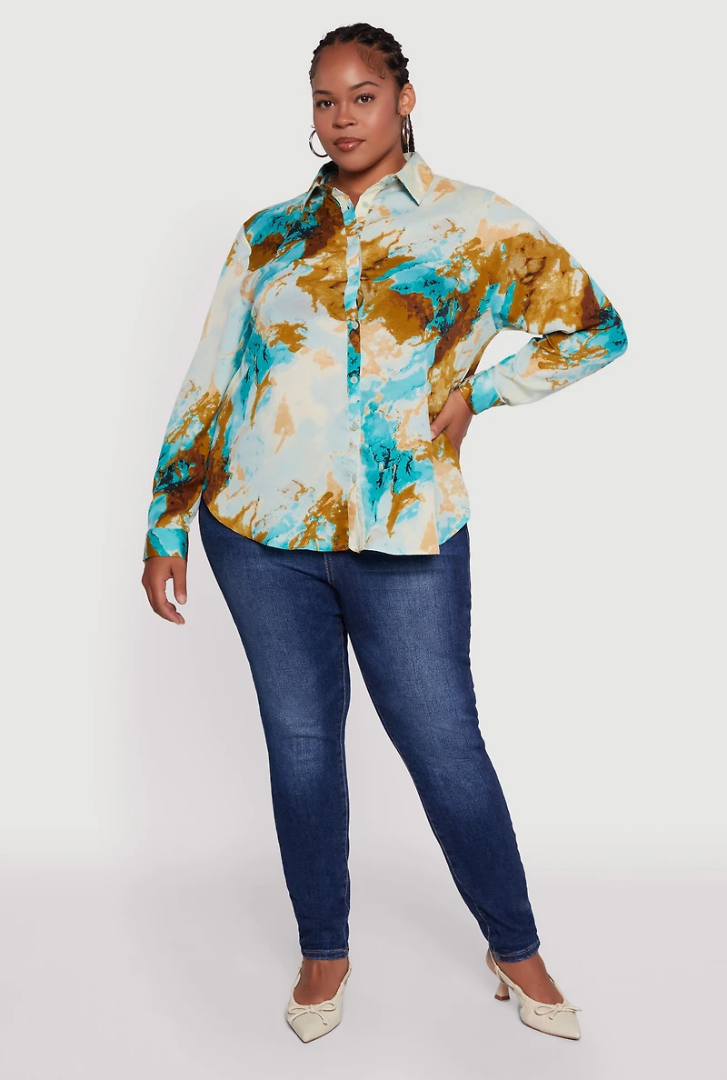 Womens Plus Size Marble Print High Low Button Front Shirt, Multi, Size 3X