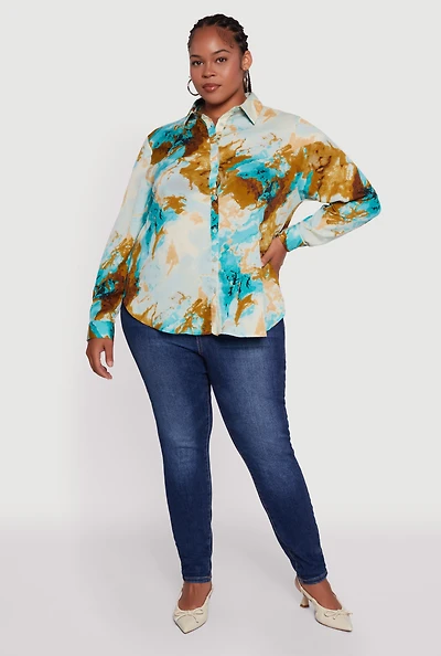 Womens Plus Size Marble Print High Low Button Front Shirt, Multi, Size 2X