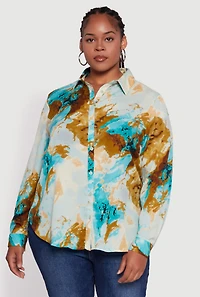 Womens Plus Size Marble Print High Low Button Front Shirt, Multi, Size 3X