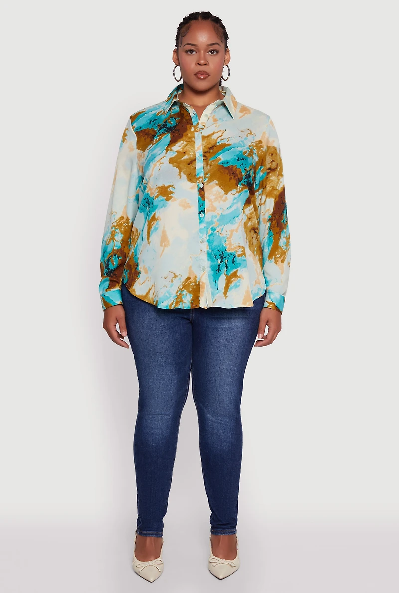Womens Plus Size Marble Print High Low Button Front Shirt, Multi, Size 3X