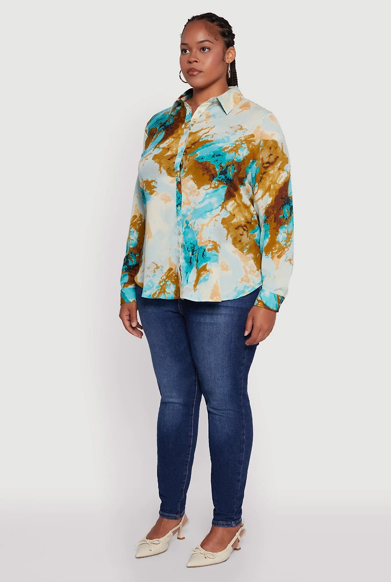 Womens Plus Size Marble Print High Low Button Front Shirt, Multi, Size 3X