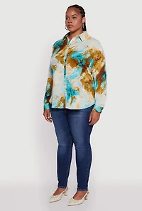 Womens Plus Size Marble Print High Low Button Front Shirt, Multi, Size 3X