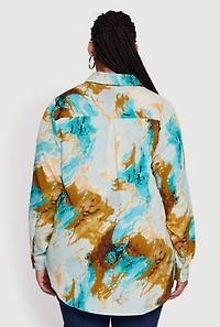 Womens Plus Size Marble Print High Low Button Front Shirt, Multi, Size 3X
