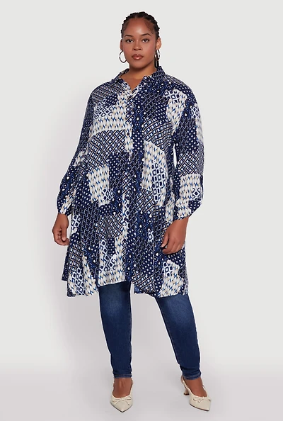 Womens Plus Size Patch Patterned Maxi Top, Blue, Size 2X