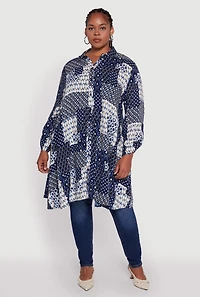 Womens Plus Size Patch Patterned Maxi Top, Blue, Size 2X