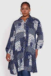 Womens Plus Size Patch Patterned Maxi Top, Blue, Size 2X