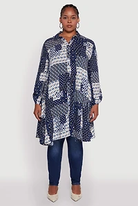 Womens Plus Size Patch Patterned Maxi Top, Blue, Size 3X