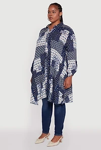 Womens Plus Size Patch Patterned Maxi Top, Blue, Size 2X