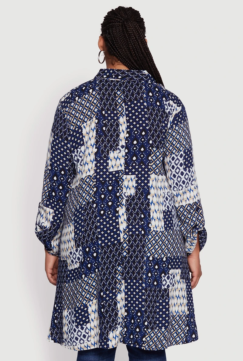 Womens Plus Size Patch Patterned Maxi Top, Blue, Size 3X