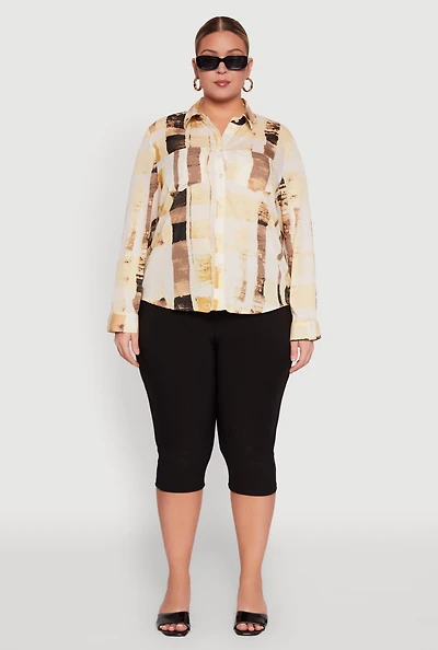 Womens Plus Size Stylish Printed Classic Fit Long Sleeve Shirt, Multi, Size 1X
