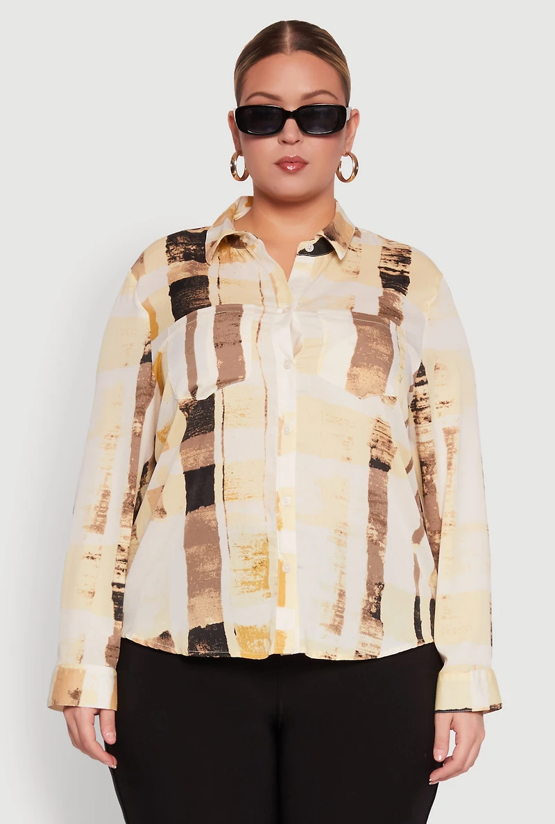 Womens Plus Size Stylish Printed Classic Fit Long Sleeve Shirt, Multi, Size 1X