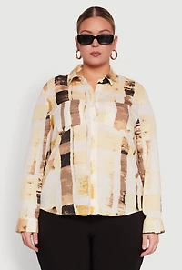 Womens Plus Size Stylish Printed Classic Fit Long Sleeve Shirt, Multi, Size 1X