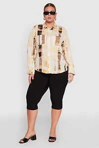 Womens Plus Size Stylish Printed Classic Fit Long Sleeve Shirt, Multi, Size 1X