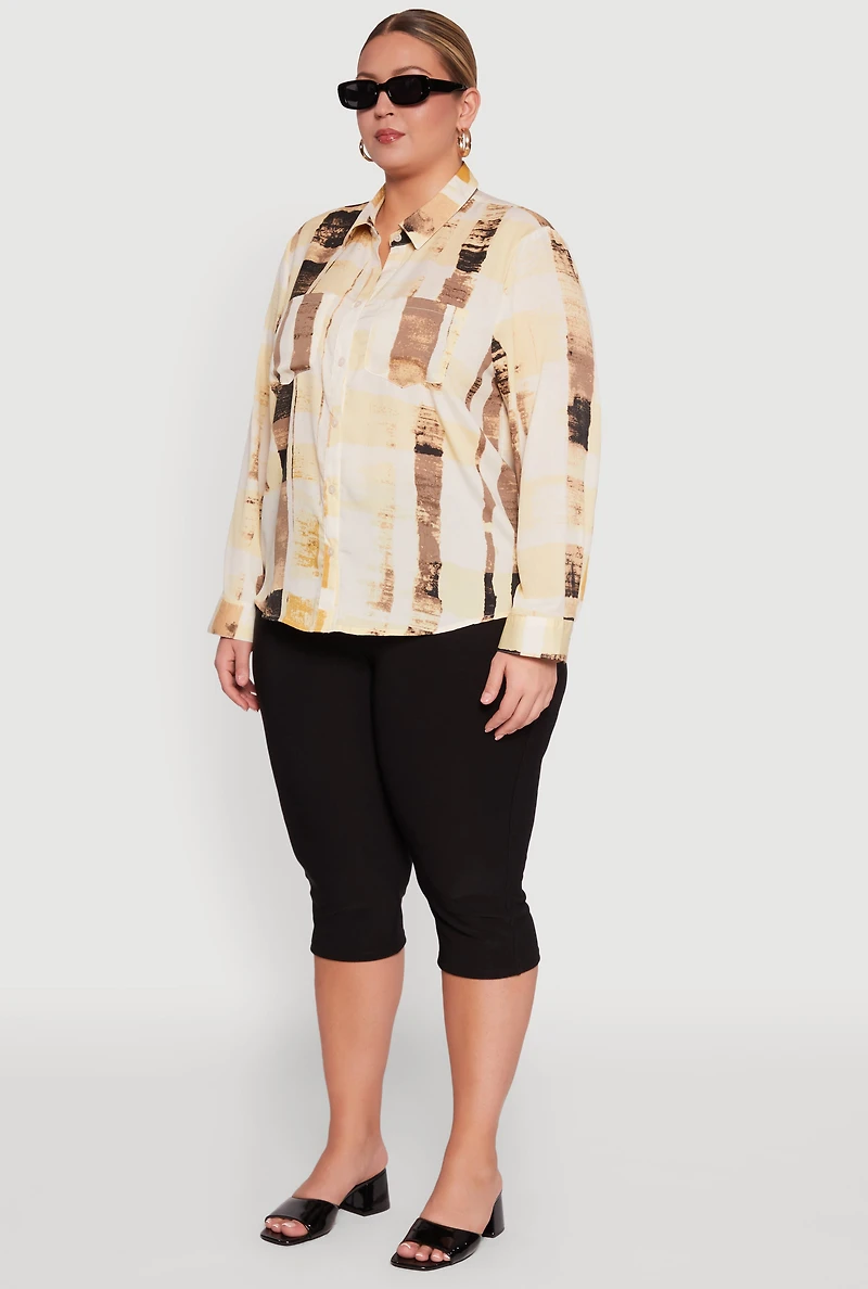 Womens Plus Size Stylish Printed Classic Fit Long Sleeve Shirt, Multi, Size 1X