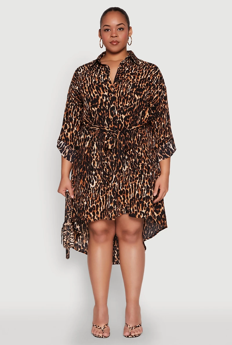 Womens Plus Size Leopard Print Tie Waist High Low Shirt Dress, Brown, Size 3X