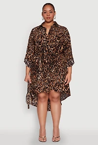 Womens Plus Size Leopard Print Tie Waist High Low Shirt Dress, Brown, Size 3X