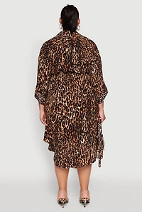 Womens Plus Size Leopard Print Tie Waist High Low Shirt Dress, Brown, Size 3X