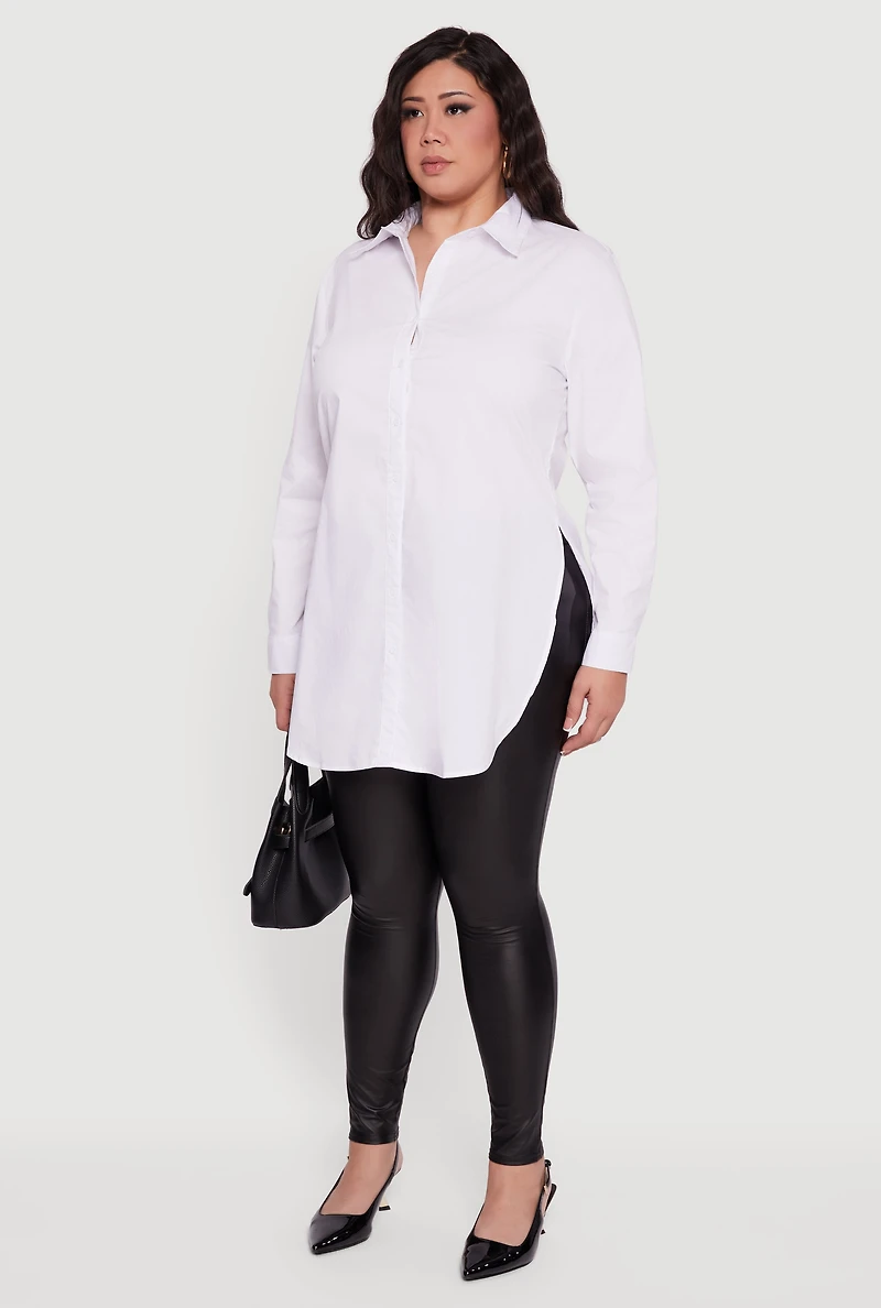 Plus Long Sleeve Button Front Tunic Blouse