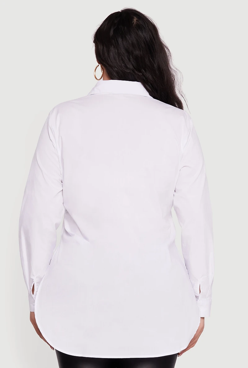 Plus Long Sleeve Button Front Tunic Blouse